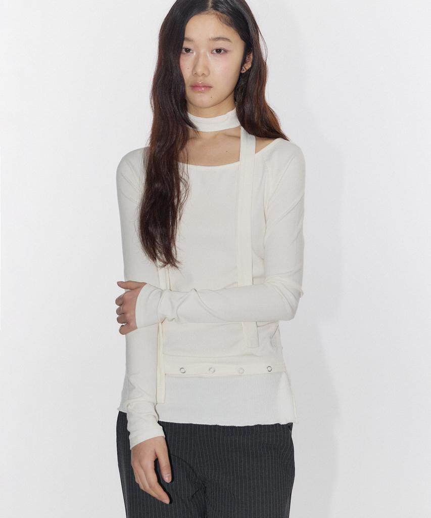 PLACE STUDIO Boat U-Neck Detachable Eyelet Contrast Scarf Set Long Sleeve T-Shirt _3 Colors
