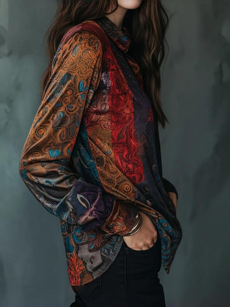 Camisa de Manga Larga con Botones y Estampado Floral Estilo Boho Retro para Mujer