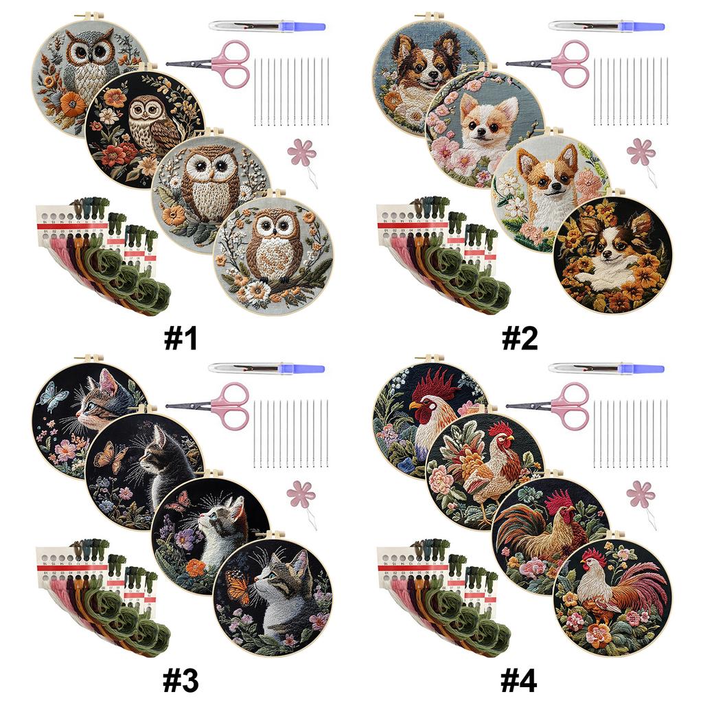 4pcs Embroidery Starter Kit with Embroidery Hoop Needles Threads Instruction Stamped Cross Stitch Kits Embroidery Kit for Adults