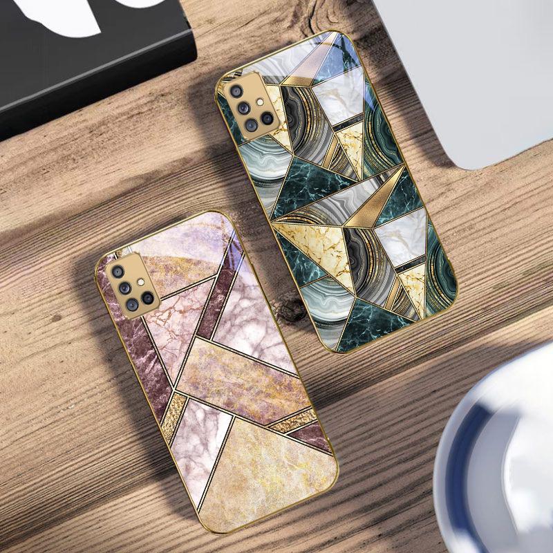 Textura de mármol azul Para Samsung A 01 52S A04 A05S A10 A12 A13 22 23 24 36 42 M02 Note 10 20Ultra 8 9 Funda de teléfono de cristal dorado