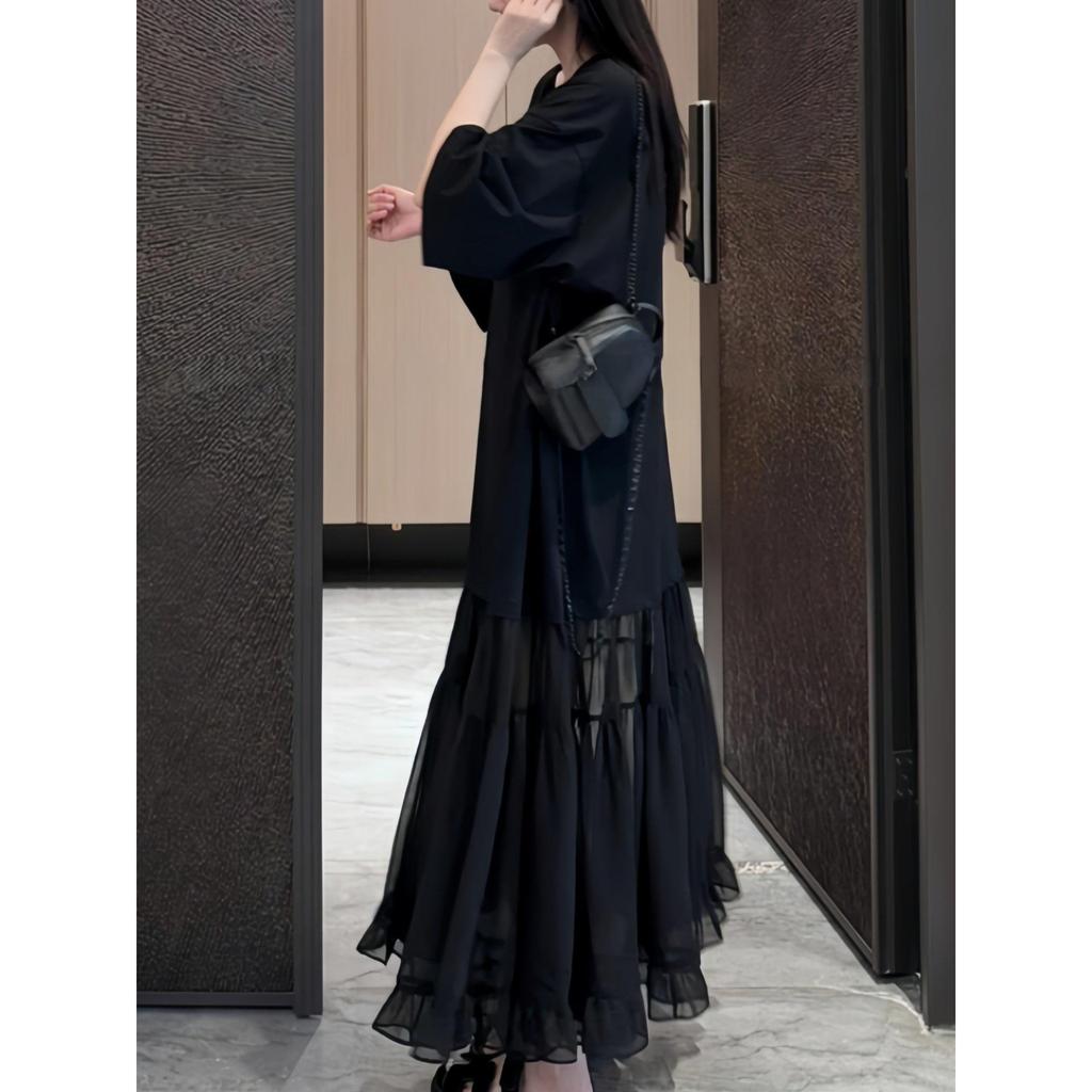 Plus Size French Patchwork Round Neck Summer Dress - Women's Versatile Solid Color Skirt