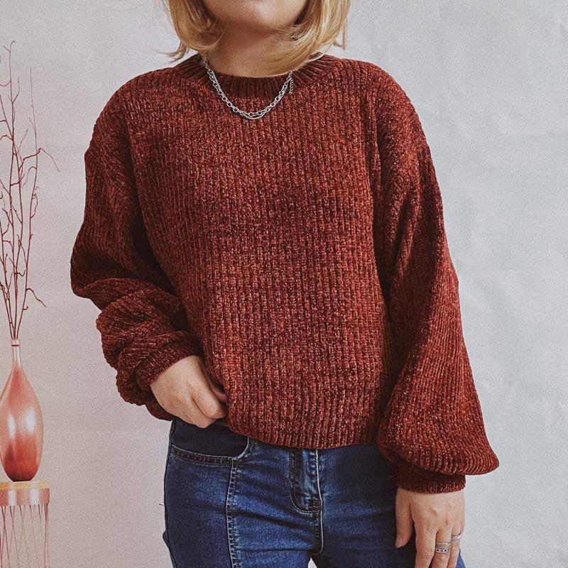 Autumn and Winter New Women's Solid Color Casual Shirt Round Neck Lantern Sleeve Short Knit Pullover Sweater Woman