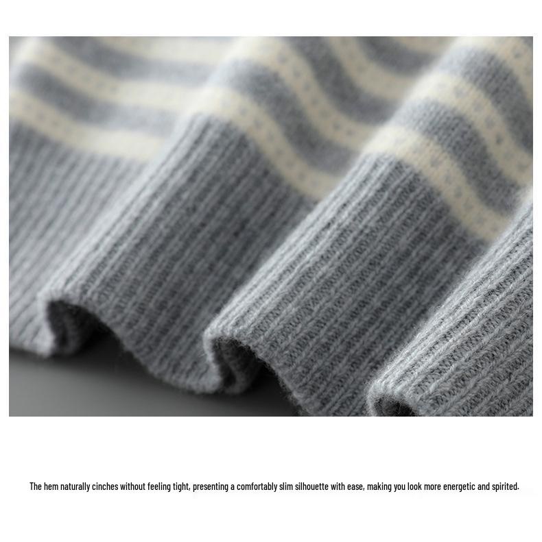 Men's 100% Pure Wool Striped Round Neck Sweater - Casual Cashmere Knitwear