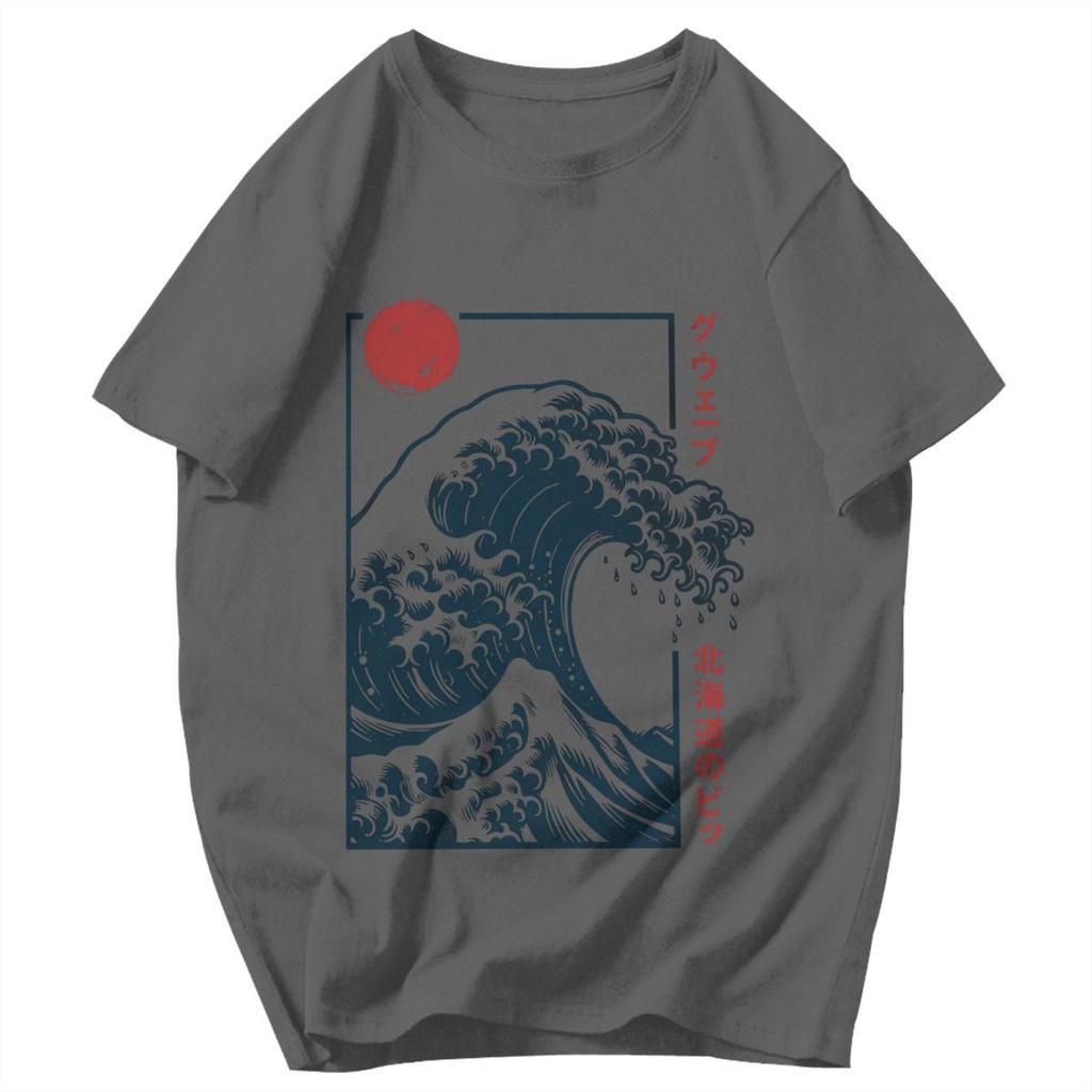 Men T Shirt Japanese Style Hokkaido Wave Retro Idea Y2K Graphic Crewneck Unisex Tops T Shirts