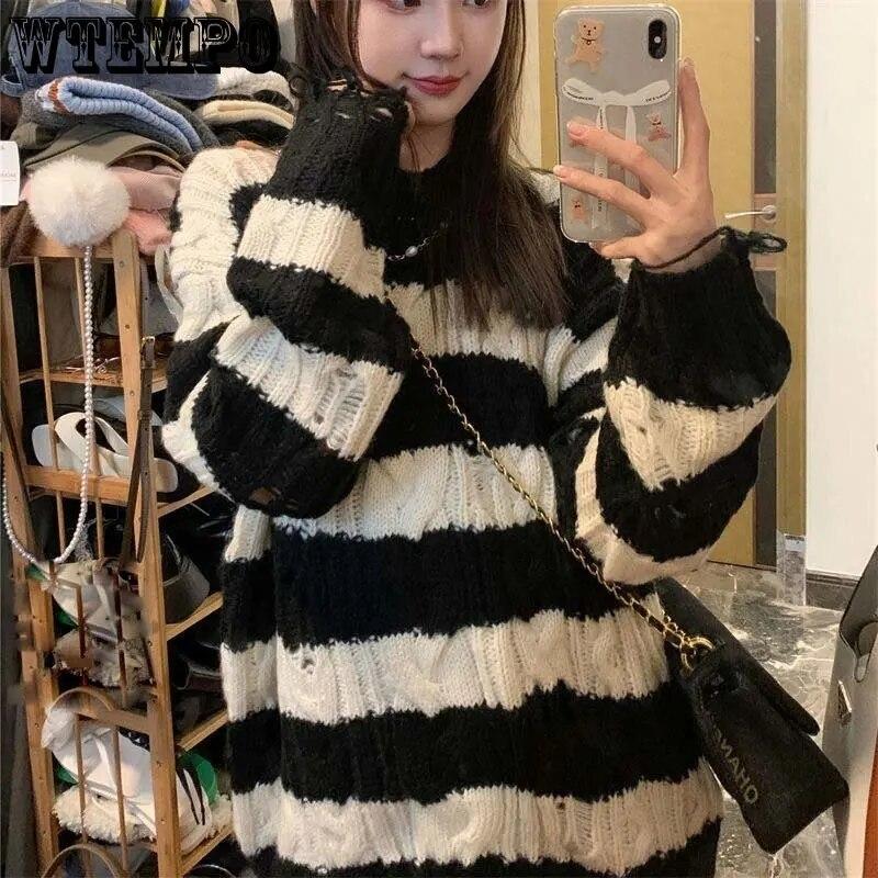 Punk Style Irregular Ripped Sweater Women's Striped Knit Pullover Loose Long-sleeve Crew Neck Top Twist Pullover Coat Korean Fashion