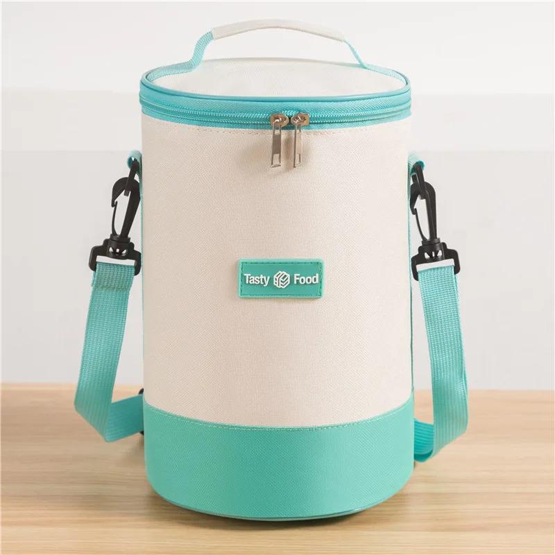 Large Capacity Portable Lunch Bag Fresh-Keeping Cylindrical Insulated Lunch Box Tote Round Aluminum Foil Food Thermal Cooler Bag