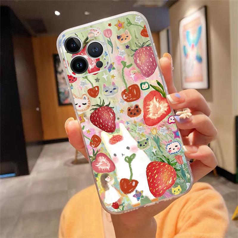 Phone Case For Iphone 17ProMax 17 Pro Air 16 15 14 13 Pro Max 16 15 14 13 Pro 15Plus Strawberry Fruit Cat