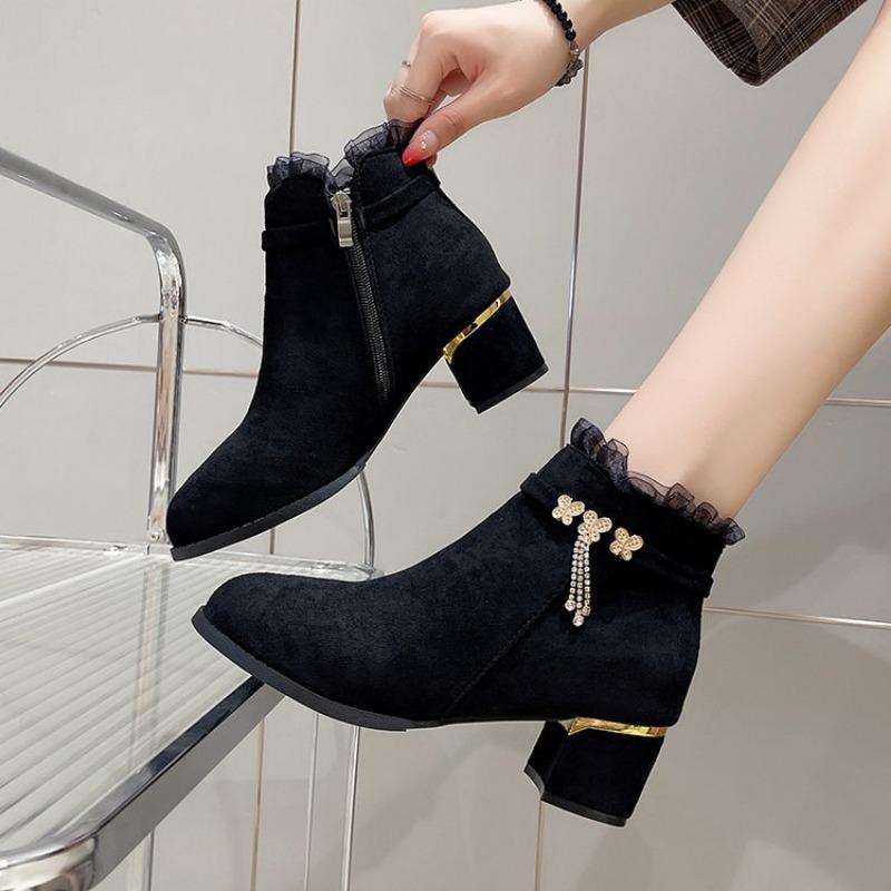 Large-sized, Chunky Ankle Boots, Elegant Fashion Boots with Fleece Leather Boots, Women's Shoes