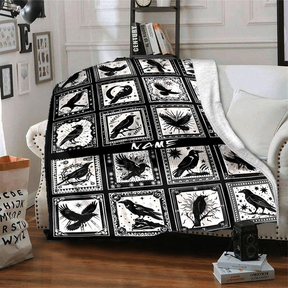 Black And White Raven Pattern Home Customize Your Name Blankets Soft And Cozy Lightweight For Yearround Use Perfect For Picnics Sofa Office Bed Living