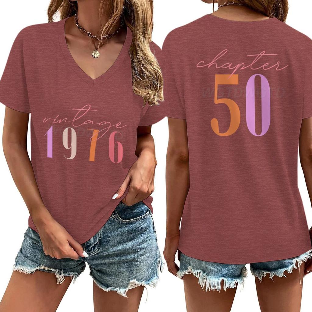 Damska Koszulka z Nadrukiem V-Neck Vintage 1976 Rozdział 50 50. Urodziny Krótki Rękaw Graficzna Koszulka Damska Edycja Limitowana Koszulka 1976