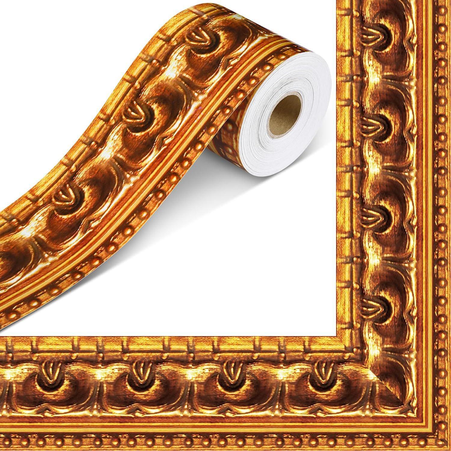

Pre-Cut Retro Golden Black Frame Self-Adhesive Paper - 10m (33ft) Roll for Bulletin Board Edges, Photo Frames, Borders