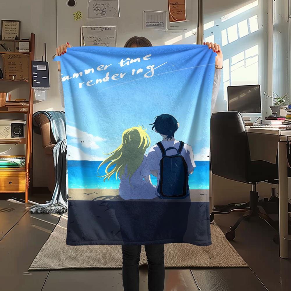 1PC Summer time Rendering Print Flannel Blanket, High quality All Seasons, Home Decor, Warmth and Comfort, Perfect for Christmas Gifts