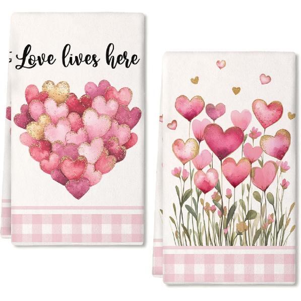 ARKENY Valentines Day Kitchen Towels Set of 2,Red Heart Love Dish Towels 18x26 Inch Drying Dishcloth,Farmhouse Home Daily Seasonal Decoration AD413