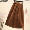 DIMANAF 2025 Plus Size Women Skirts Female Autumn Elastic Basic Corduroy High Slit Oversize Fashion Japanese Dress