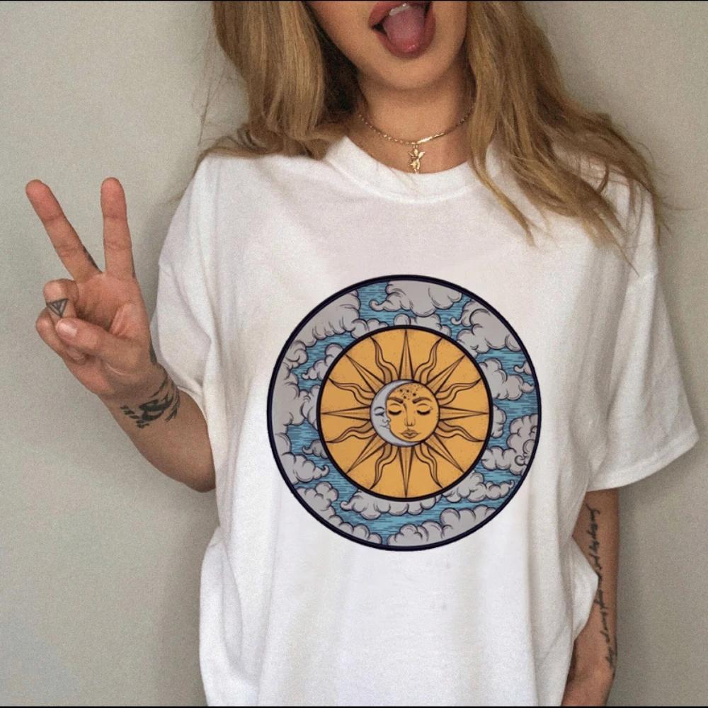 Women TShirt Retro Witch Style TShirt Y2K Aesthetic Casual Loose Fit Top Sun Moon Stars Harajuku Graphic Print Daily Streetwear