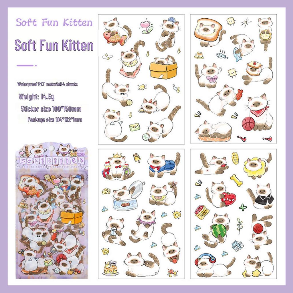 Soft Cat Collection: Transparent Waterproof PET Stickers for Girls' DIY Scrapbooking & Diary - Cute Pet Designs