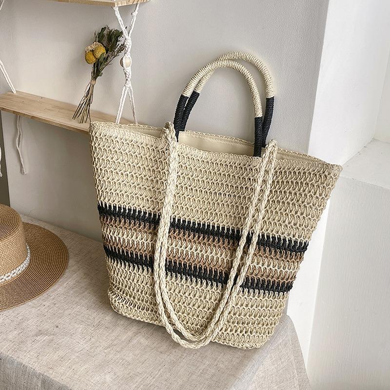 New Summer Shoulder Bag Splicing Striped Straw Bag Women's Popular Fashion Simple Tote Bag Messenger Bag