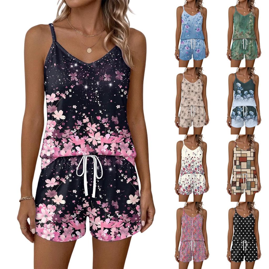 Women Summer Casual Two Piece Set Floral Print Sleeveless Tank Top with Square Neck and Drawstring Waist Shorts with Pockets