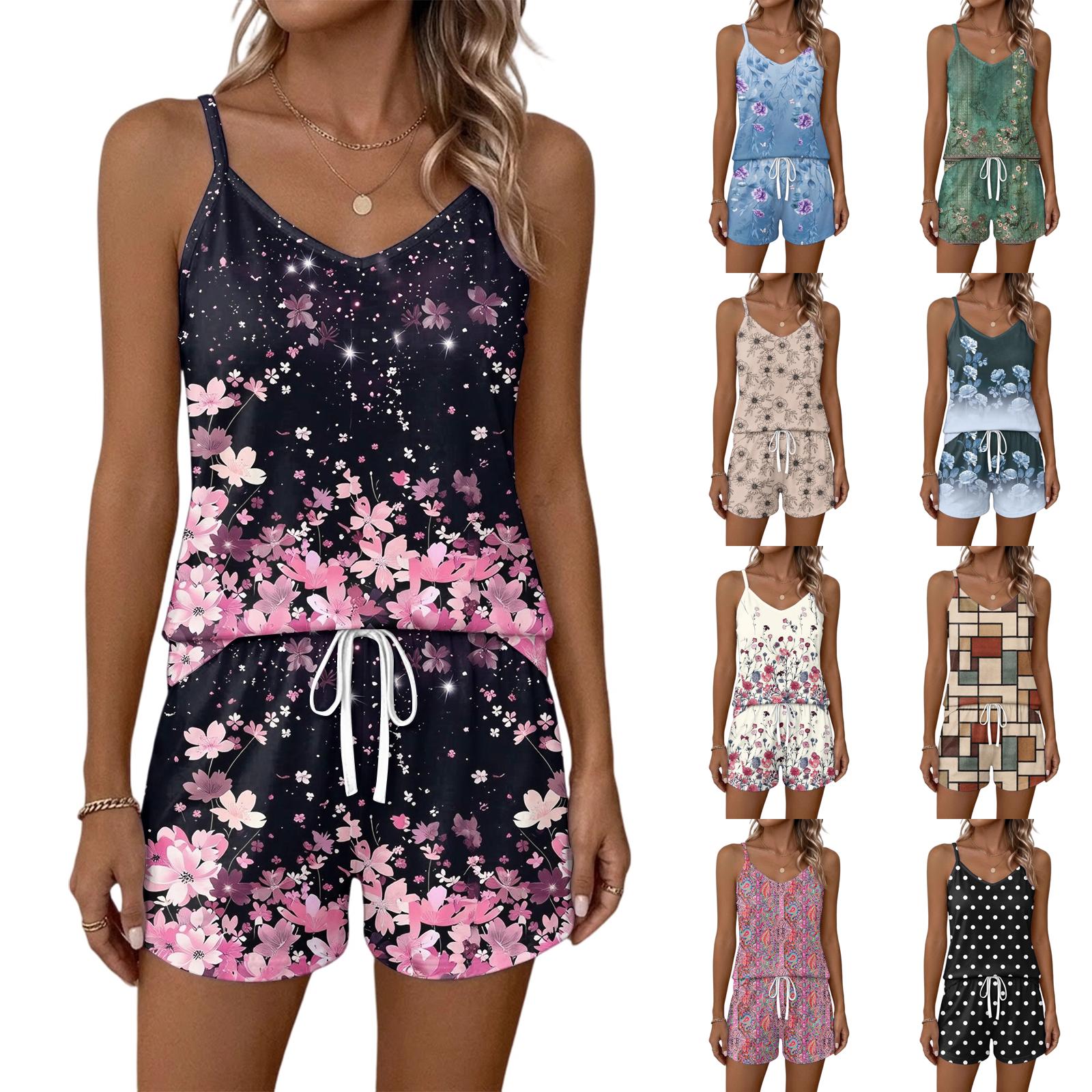 Women Summer Casual Two Piece Set Floral Print Sleeveless Tank Top with Square Neck and Drawstring Waist Shorts with Pockets cm ružová