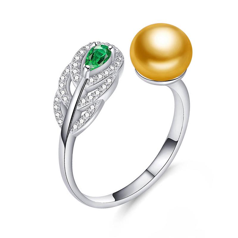 Fenasy Natural Freshwater Pearl Rings For Women Dainty Bohemia Green Crystal Feather Adjustable Ring