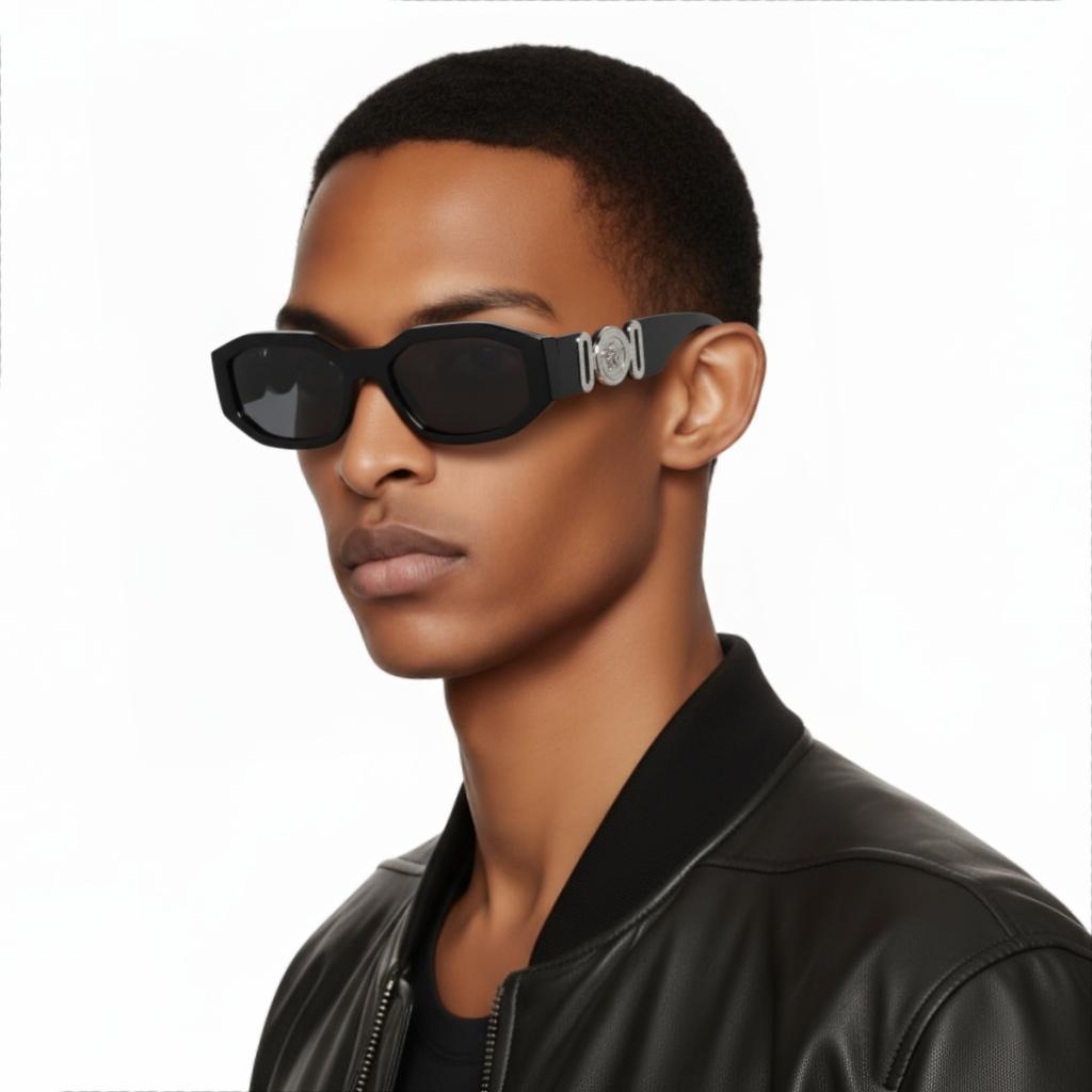 Versace Side Logo Oversized Frame Irregular Shape Sunglasses Men sunglasses Black VE4361542287
