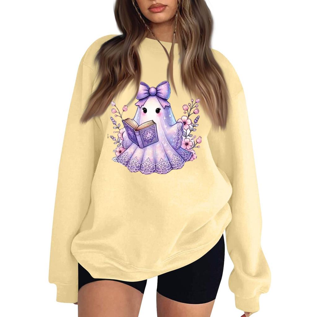 Women's Color Long Sleeve Neck Sweatshirt with Halloween Print Casual Loose Fit Pullover Top