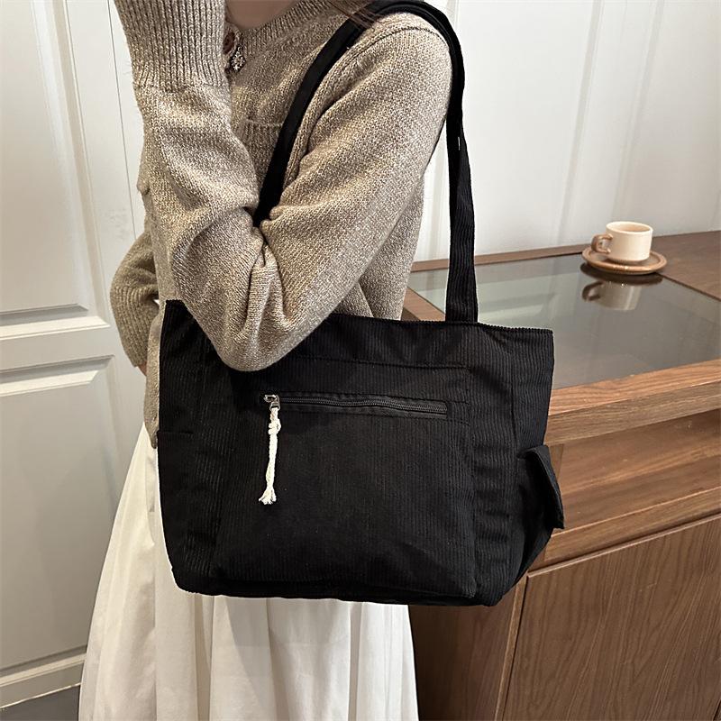Simple Corduroy Tote Bag, Solid Color Shoulder Bag, Retro Multi Pockets Handbag for School Work Shopping Gift