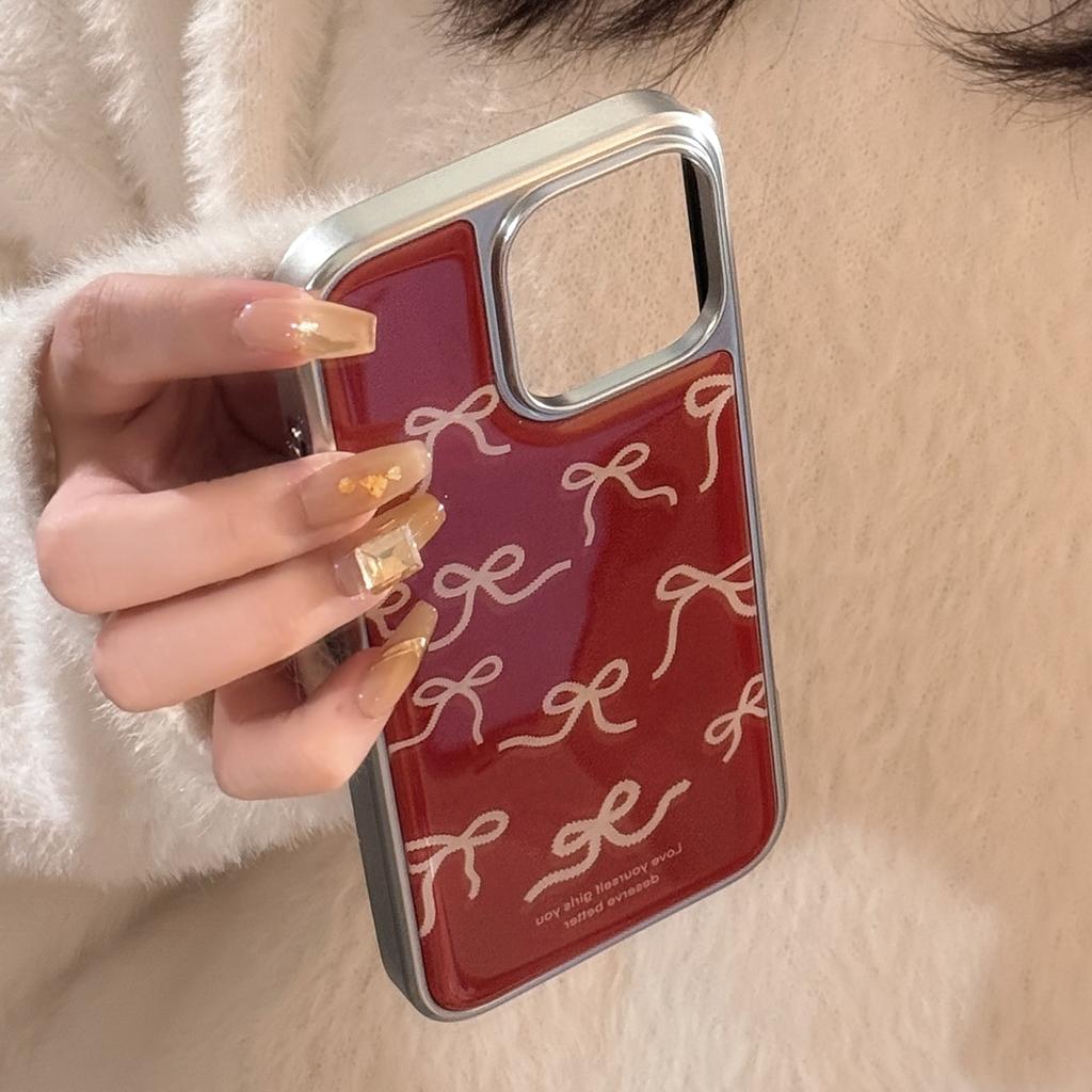 Vintage Burgundy iPhone 16 Case Suitable for Apple 15 Pro Max, Red Bow for iPhone 17, Resin Case for iPhone 14, Huawei