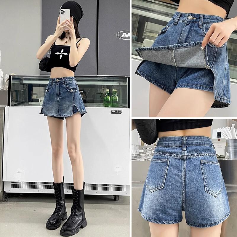 High Waist Denim Shorts Women Vintage Style Wide Leg Cropped Pants Slim Fit Casual Wear