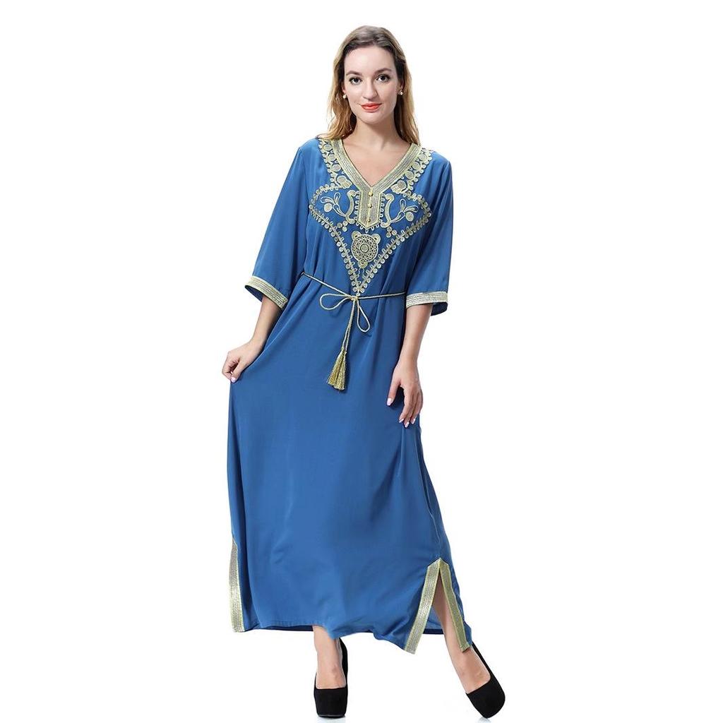 Damen Kurzarm Gold Floral Langes Kleid, TH920