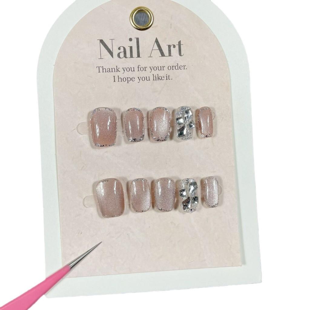 

Искусственные ногти ручной работы, короткие, с серебряной окантовкой, карамельные, кошачий глаз, фототерапевтические ногти, накладные ногти, многоразовые и съемные ногти M