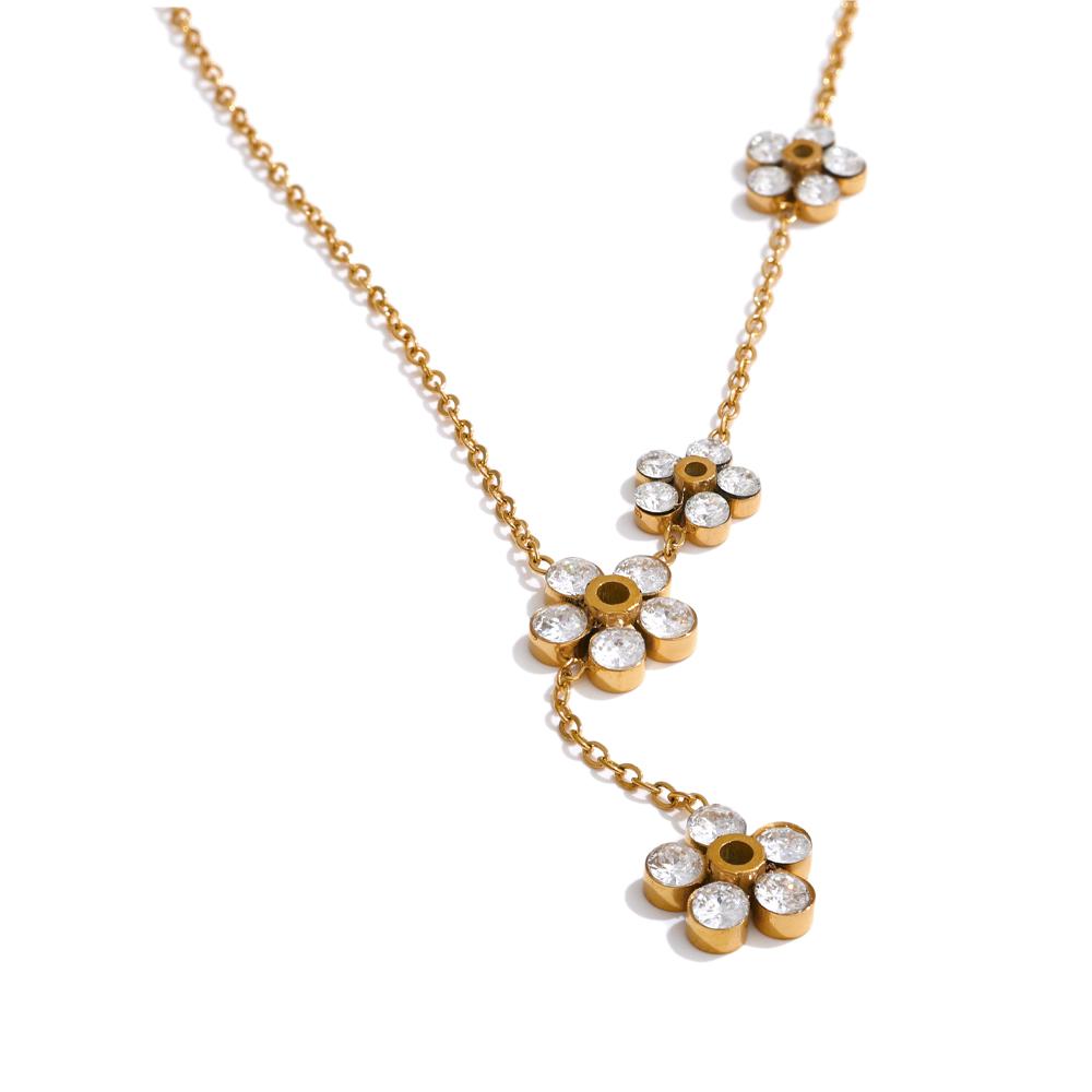 Yhpup Delicate Shiny Cubic Zirconia Flower Chic Chain Drop Golden Necklace for Women Stainless Steel High-Grade Collar Jewelry