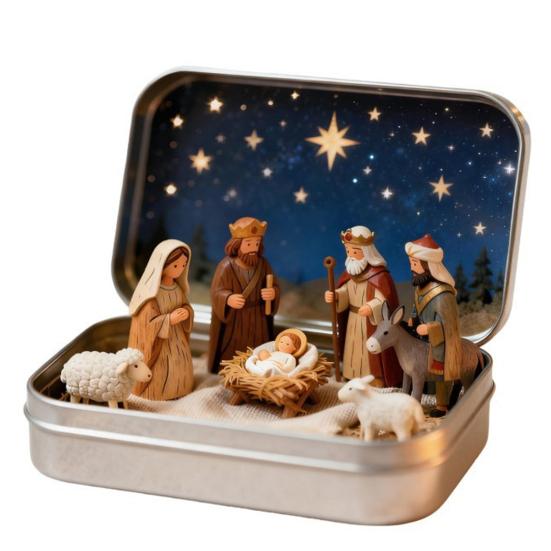 Miniature Christmas Nativity Set In A Tin Box Handcrafted Pocket Nativity Scene Gift Small Religiou Holy Family Ornament for Desk Shelf Travel Decor