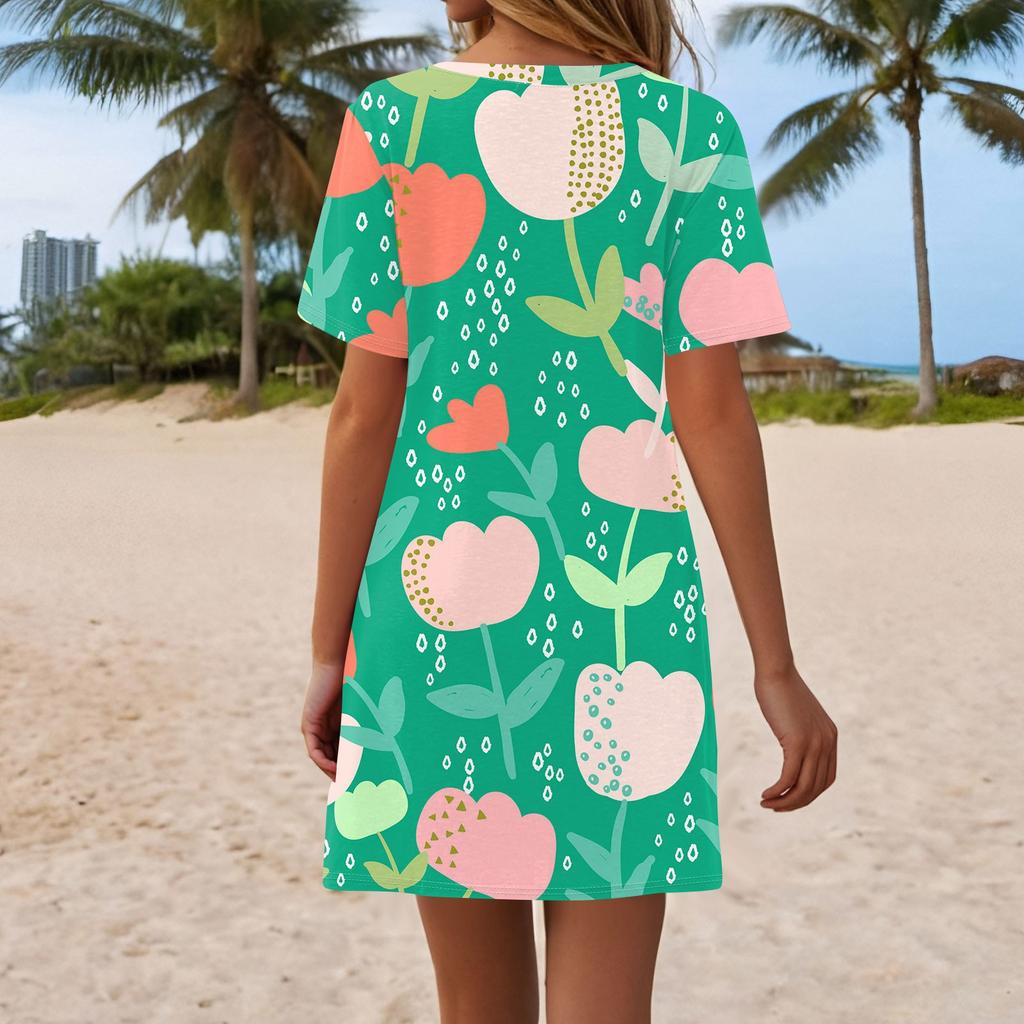 Women's Summer Casual Floral Printed Hem Knotted Short Sleeve Dresses
