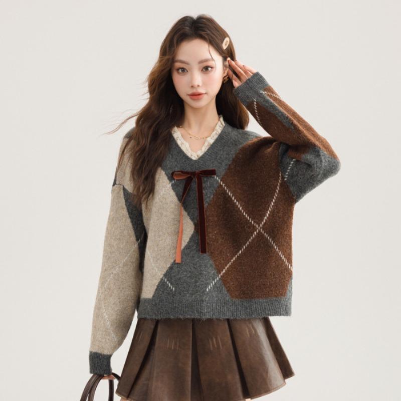 Lace splicing collar rhombus design sense temperament pullover sweater women's autumn and winter loose knitted sweater women's top