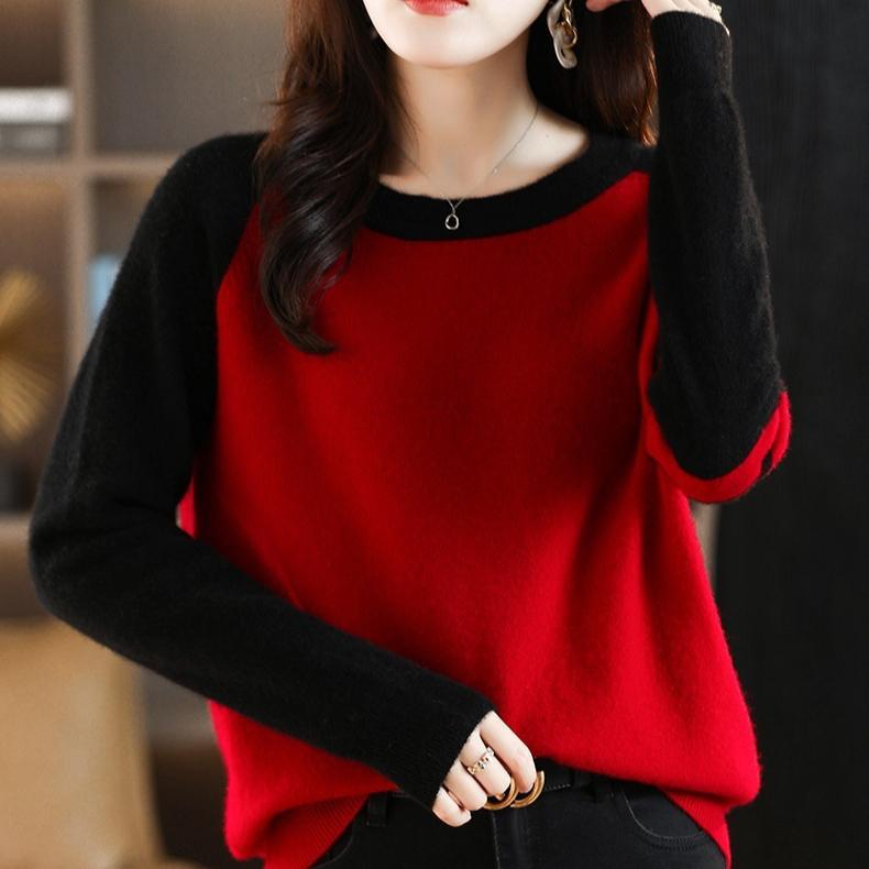 Round-neck Color-blocked Sweater Women's Trendy Loose Knitted Sweater Casual Short Pullover Spring and Autumn