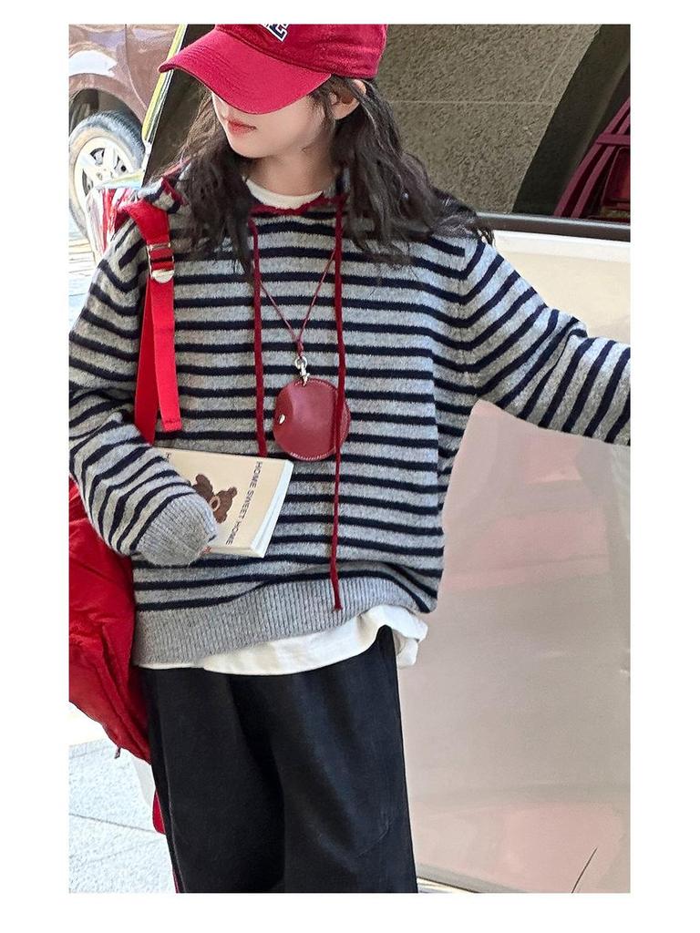 2025 Kinder Strickpullover mit Streifen und Kapuze - Trendiger koreanischer Stil für Jungen & Mädchen, Herbst/Winter