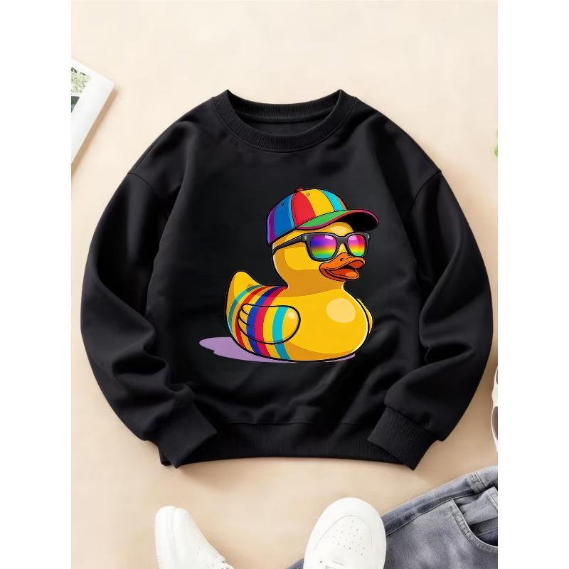 Children's Round Neck Sweatshirt, Fashionable Long Sleeve with Rainbow Fashion Glasses Little Yellow Duck Cool and Unique Cartoon Print