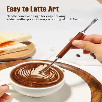 Stainless Steel Coffee Decorating Art Pen Wooden Handle Latte Pull Flower Needle Barista Tool Coffee Accessories Modeling Tool