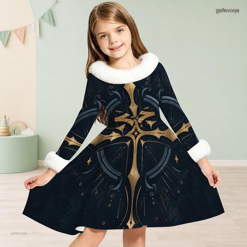 Girls High Neck Long Sleeve Printed Dark Navy Tie Waist A Line Flared Dress With White Fur Trim