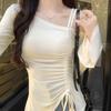 Sweet Irregular T Shirt Drawstring Slanted Shoulder Top Sweet Long Sleeve Crop Top  Summer