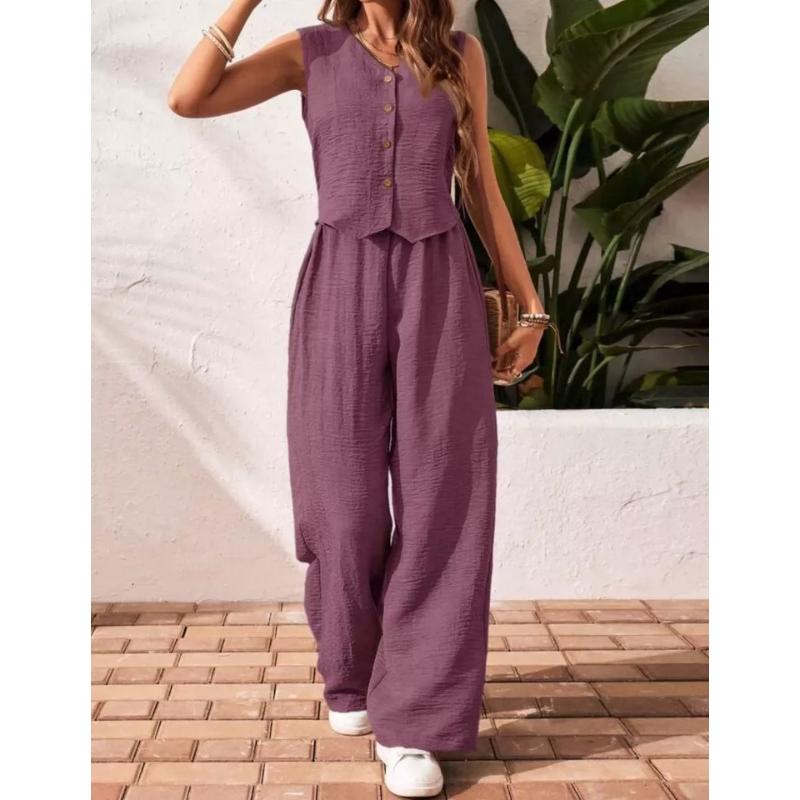 Summer Cotton Linen Women V-Neck Vest Front Button Vest Trousers Casual Suit Women Short Vest Top + Pants Two Peice Set