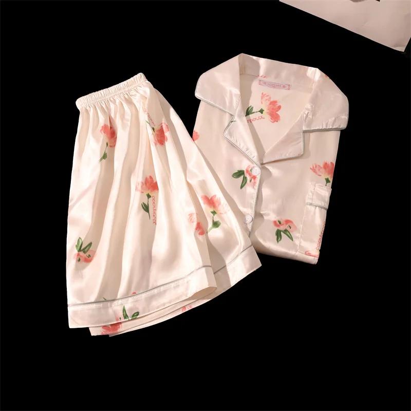 2 Pezzi Stampa Indumenti da Notte Raso di Seta Sintetica Pigiami Moda Casual Pigiama Donna Set Pigiama con Pantaloncini Abiti Pittura a Inchiostro
