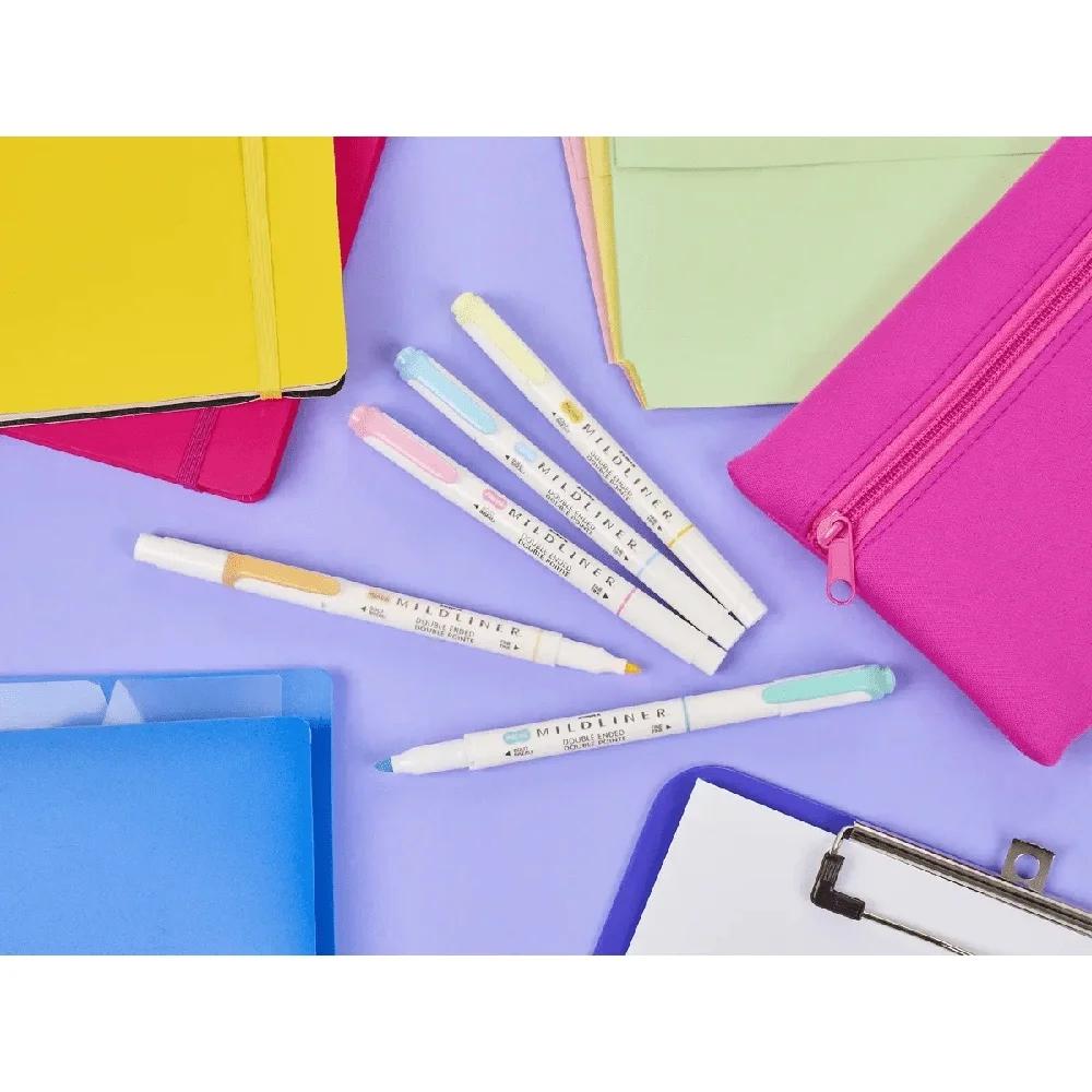 Double Ended Highlighter Mildliner 5 Count Fluorescent Colors Water Resistant Chisel Fine Point Non Toxic Assorted Storage Case
