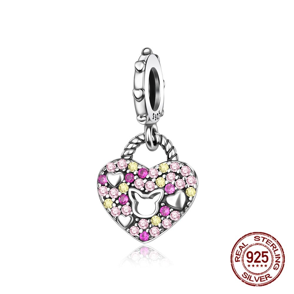 Copper Pink Openwork Kitten Zircon Heart Lock Pendants Charms Fits Genuine Charms Bracelet Women DoItYourself Jewellery Gifts