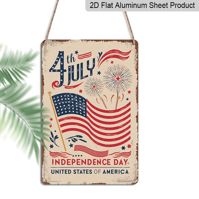 

2D Flat Vintage 4th of July Independence Day Aluminum Wall Art Sign - Patriotic American Flag Design with Fireworks & Stars, Rustic Home Decor for 20*30cm