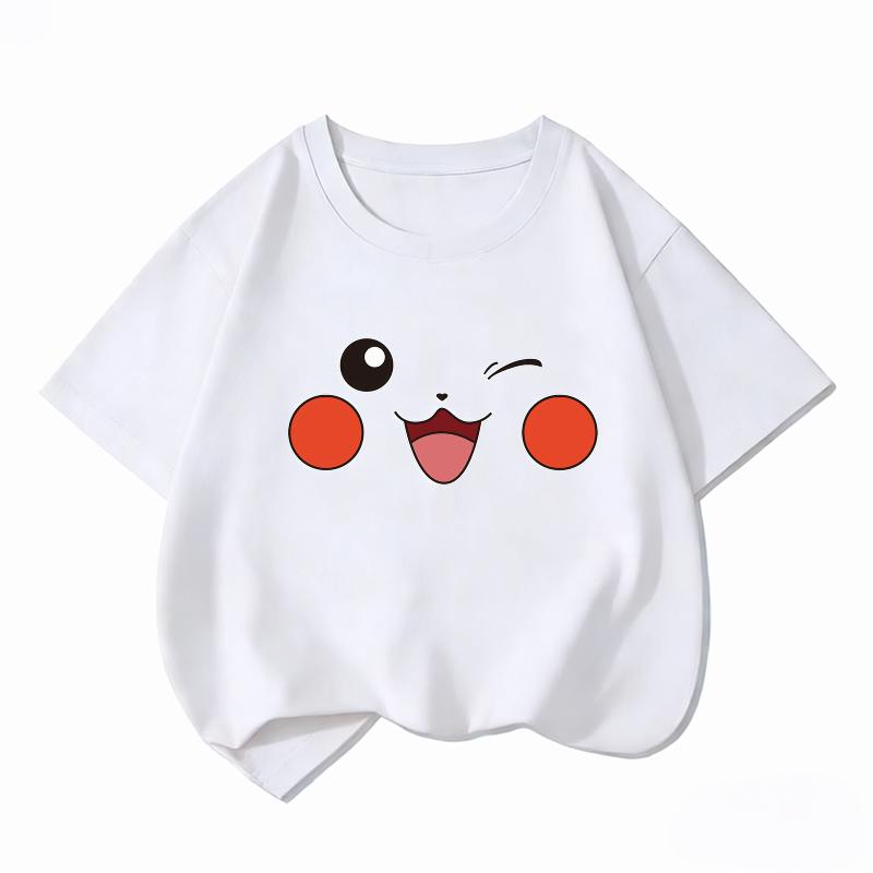 Potdemiel Kids Cotton Tshirt Cute Pikachu Face Print Summer Short Sleeve Breathable Crew Neck Boys Girls Casual Tops