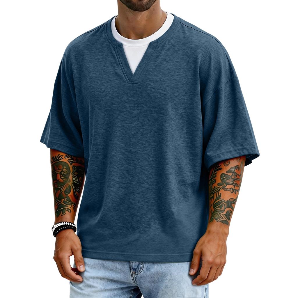 Men's Casual Color V-neck Fake Two-piece Breathable Short-sleeved Top