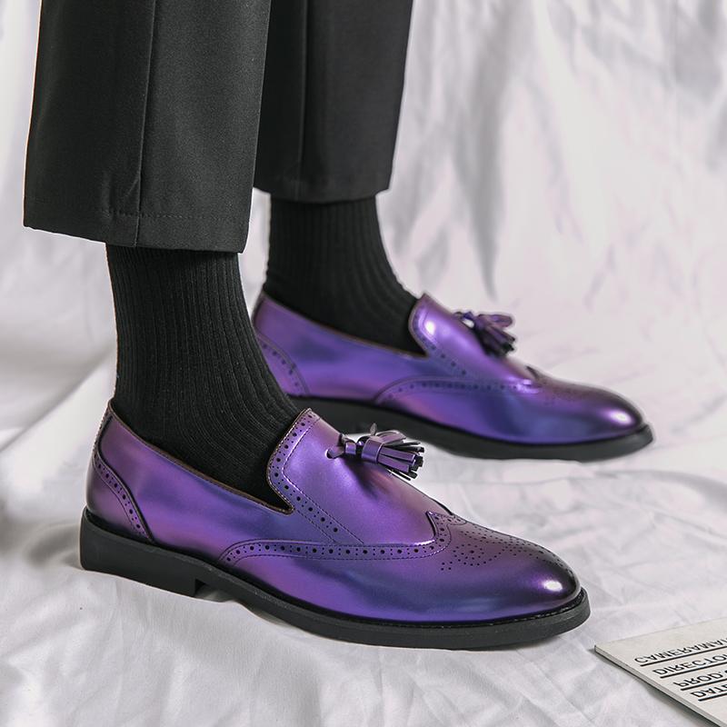Men's Brogue Tasseled Loafers Green Purple Dress Wingtip Wedding Shoes Stylish Formal Leather Prom Party Shoes Large Size