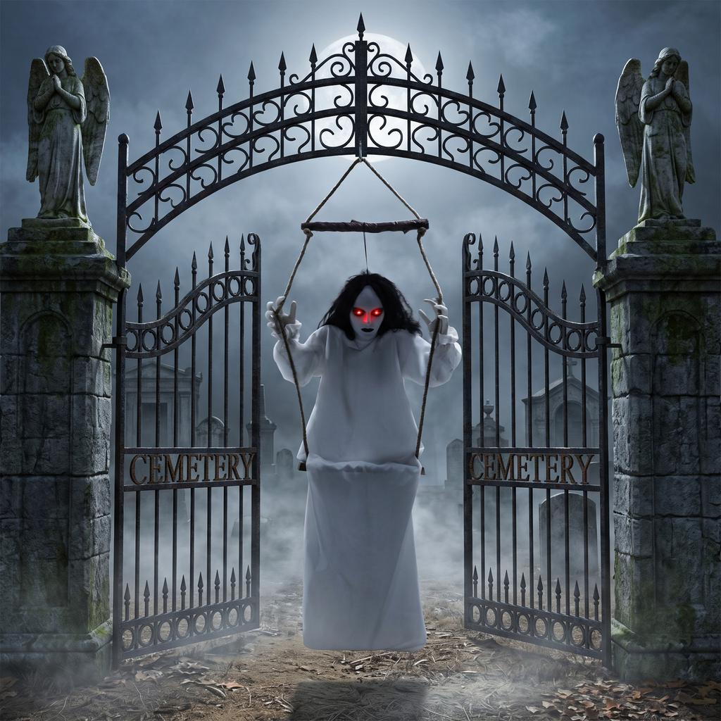 170cm Animated Hanging Swing Ghost Halloween Decoration, Sound Touch Activated Ghost Halloween Animatronic